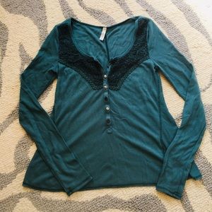 Free People Teal Thermal Waffle Half Button Henley